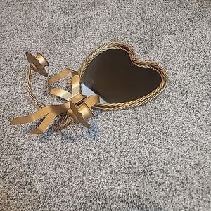 Vintage Heart of Glass Mirror Gold Metal Taper Wall Sconce Holder Decor